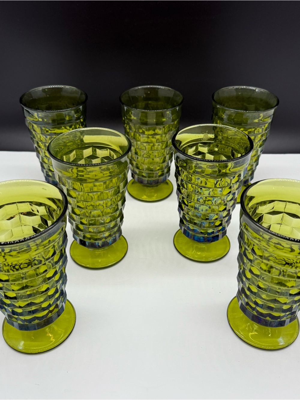 Indiana Glass Whitehall Avocado Green Cubist 6" Footed Tumbler Set of 7 MCM